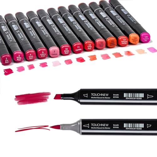 13Pcs Alcohol Markers Pure Color Series,Black Pen Barrel Dual Tip Soft Art Solid Color Markers Set for Adults Beginner Drawing Sketching (Red) - color: Red