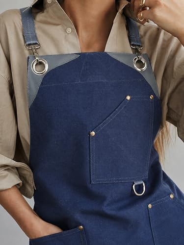 Professional Work Apron for Men & Women – 100% Cotton with waterproof Membrane, Cross Back Straps - color: Work Navy