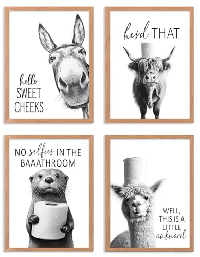 Funny Bathroom Wall Art Black and White Bathroom Signs Decor Rustic Donkey Cow Pictures Wall Decor Funny Animals Head on Tissue Paper Canvas Art Prints for Toliet Bedroom,Unframed,11x14inchx4pcs - color: Animal Bathroom-11x14in