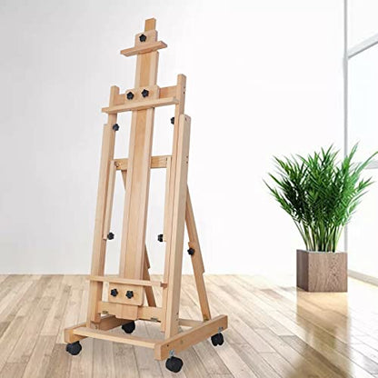 H-Frame Easel 56" to 91"H, Solid Beech Wood Easel, Studio Easel for Painting Canvas, Artist Easel with Large Storage Tray, Solid Beech Wood Artist Easel Adjustable with Wheels