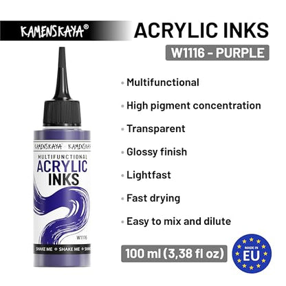 Acrylic Inks, Purple Acrylic Ink, 3.38 Fl Oz (100 ml) | Highly Concentrated, Multifunctional Liquid Acrylic Paint - color: Purple