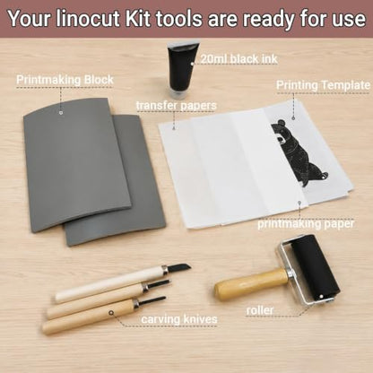 Lnncdsc Linocut Kit with Linoleum Blocks and Carving Tools for Printmaking | Includes easy-carve linoleum blocks and multi-size carving cutters; complete printmaking supplies for beginners, artists