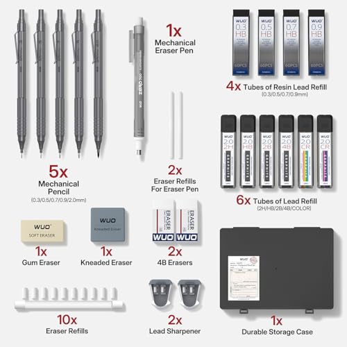 WUO Mechanical Pencil Set, 5 Pack Drafting Pencils 0.3/0.5/0.7/0.9/2.0mm | Mechanical drawing pencils, 312 lead refills, erasers/sharpeners for drafting, technical drawing, sketching, writing & art - color: Grey, size: 0.3/0.5/0.7/0.9/2.0