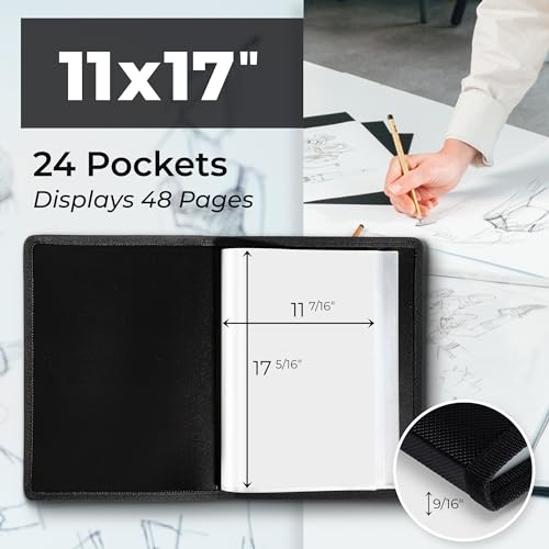 Dunwell 11x17 Art Portfolio Binder, 24-Sleeve, Black Mounting Paper, Black | 24 Clear Sleeves, Displays 48 Pages, Black Mounting Paper Included, Artwork Storage, Acid-Free Poly Protection - color: Black, size: 11x17" w/ BLK Paper