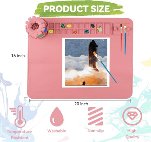 Silicone Craft Mat, 20"x 16" Painting mat Palette for Resin Casting Mold Mat, Nonstick Craft Sheet with Removable Cleaning Water Cup for Painting, Clay, Art, DIY Projects (Red) - color: Red