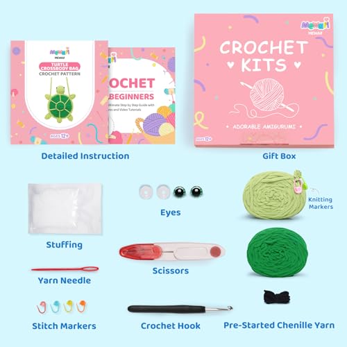 Mewaii Turtle Crossbody Bag Crochet Kit for Beginners, 40% Extra Yarn - color: Dark Green