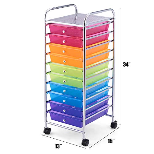 Happygrill 10-Drawer Storage Cart, Utility Cart with Removable Drawers & Metal Frame, Rolling Storage Cart with Lockable Wheels for Home, Office, Rainbow - color: Rainbow