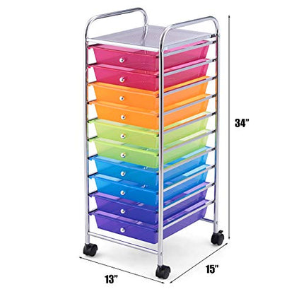 Happygrill 10-Drawer Storage Cart, Utility Cart with Removable Drawers & Metal Frame, Rolling Storage Cart with Lockable Wheels for Home, Office, Rainbow - color: Rainbow
