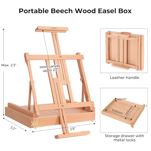 VISWIN Deluxe Oil Paint Set with Beech Wood Easel Box, Advanced Painting Kit with Paint Brush, Canvas, Palette, Oil Cup, Brush Washer, Pencils, Art Supplies, Painting Set for Adult, Artist, Beginners