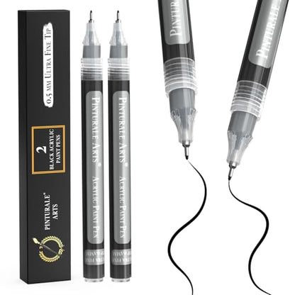 Pinturale Arts® Ultra Fine Tip Acrylic Paint Pens | Set 2 Black Paint Pens Extra Fine Point 0.5 mm | For Black Paper, Ceramics, Rock Painting, Glass, Wood, Canvas, Metal - color: Black