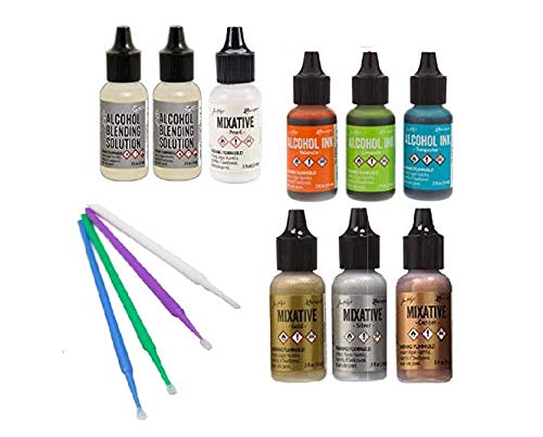 Tim Holtz Adirondack Alcohol Ink Value Pack Bundles of Favorite Colors Plus Pearl Mixative with Two Alcohol Blending Solutions, Bonus Purple Turtle Blending Sticks, (Favorite 8 Metallics and Brights) - color: Favorite 8 Metallics and Brights