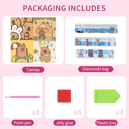 PERFECTSIGHT Cute 5D Diamond Art Kits, Kawaii DIY Painting Art for Adults Teen, 4 Pack Diamond Arts and Crafts Sets, Big Gem Full Drill Diamond Dots for Women (Capybara) - style: Capybara