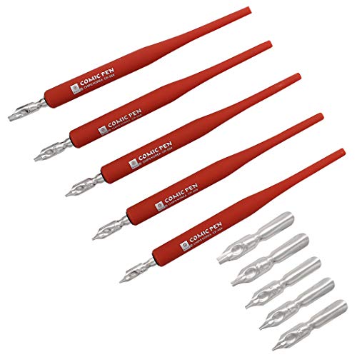 Plastic Professional Manga Gothic Pen Dip Pen Set with 5 Nibs Manga Calligraphy Drawing Pen Kit - 5 Pcs, Red - color: Red