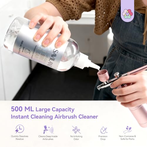 SAVILAND 500ML Airbrush Cleaner: 10s Instant Cleaning Makeup Brush Ceaner Large Capacity Odor Free Precision Bottle for Water-Based Acrylic Paint Airbrush Gel Nail Polish Clog Removal Salon