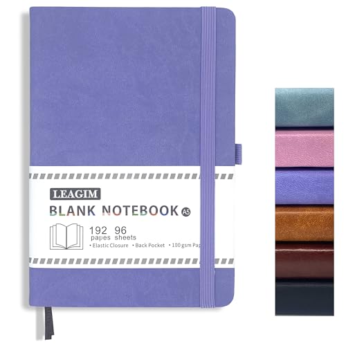 Blank Journal Notebook, A5, 192 Pages 100 GSM Thick Sketch Book for Women Men, Hardcover Leather Unlined Journaling for Work, Notebooks for Writing, 5.8 inches x 8.5 inches (Purple) - color: Purple, style: a-Blank
