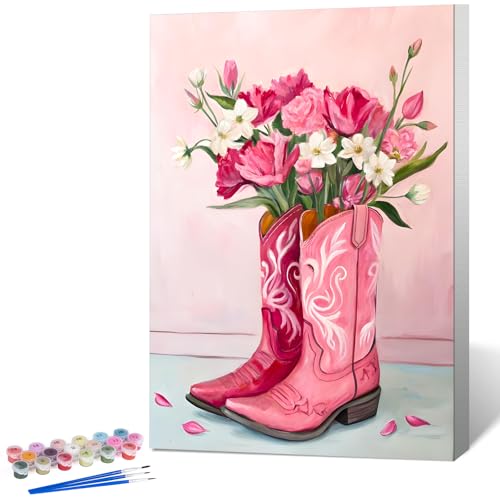 Framed Paint by Numbers Kit for Adults, Western Cowboy Boot Decor 8x12 Inch | Paint by Number with Frame, DIY Acrylic Painting Kit for Relaxation, Easy for Beginners, Wall Decor Gift for Flower Lovers - color: OPFUS2512-08