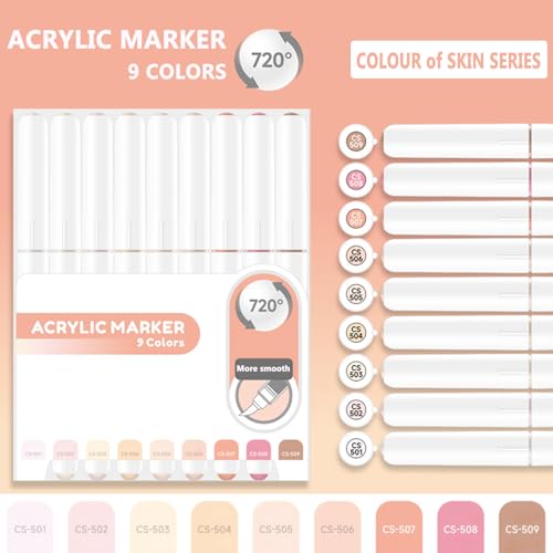Water Based Acrylic Paint Markers, 9 Colors Paint Pen Set | Colour of Skin Series, Soft Brush Tip, Smooth Writing, Marker Pen for Rock Painting, Egg, Wood, Glass, Mugs, Black Paper - color: Colour of Skin Series