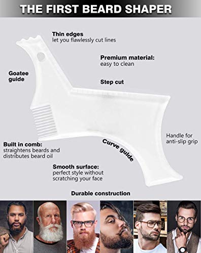 Men's Beard Shaping Tool With Inbuilt Comb Transparent Template Styling Comb Templates for Goatee Mustache Sideburns, Jaw Cheek/Neck Line, Symmetric/Curve/Step Cut (Clear)