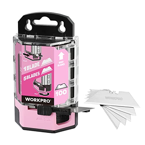 WORKPRO 100-Pack Utility Knife Blades | Utility Blades Replacement with Dispenser, SK5 Carbon Steel - Pink Ribbon - style: SK5(pink)