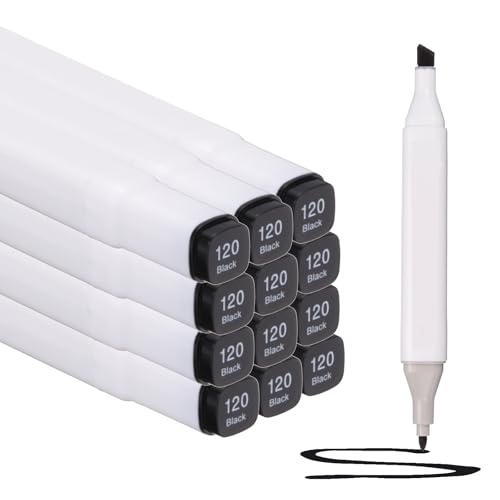 PATIKIL Dual Tip Alcohol Art Markers, 12 Pcs White Barrel Alcohol Markers with Brush Tip and Fine Tip for Illustration Artist Adult Coloring Drawing Permanent Sketching, Black - color: Black