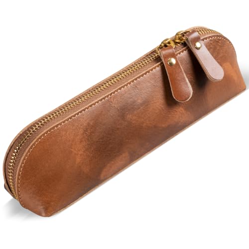 Gexmil Genuine Leather Pen Case, Hand-made Stationery Bag for Work Office - color: Vegetable Tanned Brown, size: 8.27"(L) * 2.36"(W) * 1.97"(H)