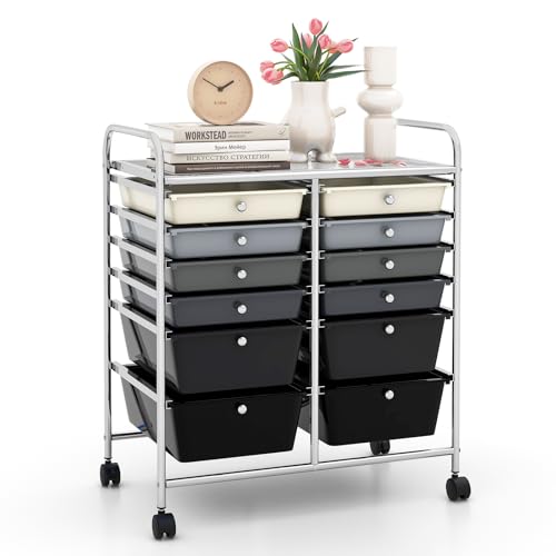 12 Drawer Rolling Storage Cart, Craft Cart Organizer on Wheels w/Metal Frame, Large Capacity & Smooth Drawer, Rolling Cart w/Drawers for Classroom, Office - color: Gradient Gray, size: 12 Drawer