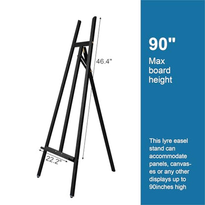 A-Frame Wooden Display Easel, Lyre Beechwood Studio Easel Stand, Black | Adjustable Holding Canvas Up to 90", Inclinable Artist Floor Painting Easel for Artwork Painting - color: Black