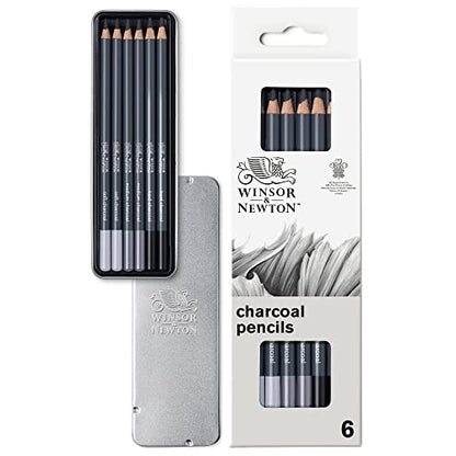 Winsor & Newton Studio Collection, 6 Count, Charcoal Pencils | Mixed Grade Charcoal Pencils, Wooden Barrels, On-The-Go Tin, High Quality Core Binder, Break-Resistant Cores & Points - style: 6 Charcoal Pencils