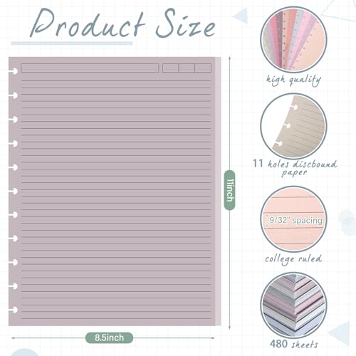 12 Pack 480 Sheets Colored Discbound Refill Paper 8.5 x 11 Inch College Ruled 11 Disc Letter Size Lined Paper Multicolored Notebooks for Refill Journaling(Poi Color) - color: Poi Color
