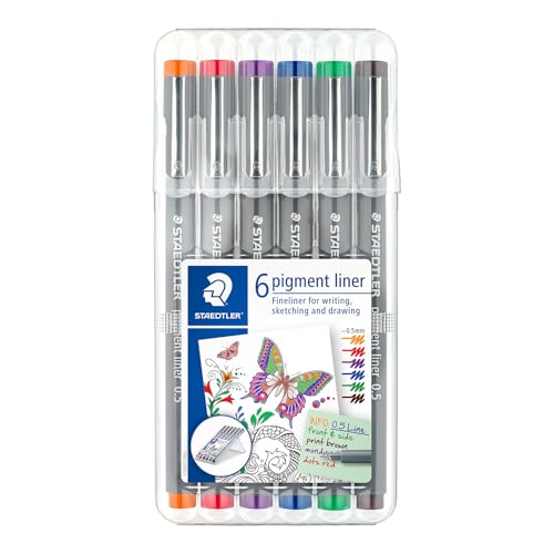 STAEDTLER 30805-SSB6 Pigment Liner Pens - Assorted Colours, 0.5 mm (Set of 6)