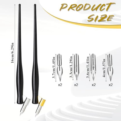 10PCS Oblique Calligraphy Dip Pen Set - 2-in-1 Drawing Pen Holder with 8 Pieces Stainless Steel Pen Replacement Nibs for Writing, Painting, Signing, Sketch - color: black