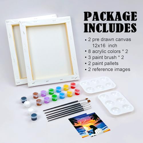 VOCHIC Sip and Paint Kit,Pre Drawn Canvas Couples Paint Party Kit Painting Art Set for Adults Date Night 2 Pack (12 x 16 Inches, Sunset and Couple) - size: 12x16, style: Sunset and Couple