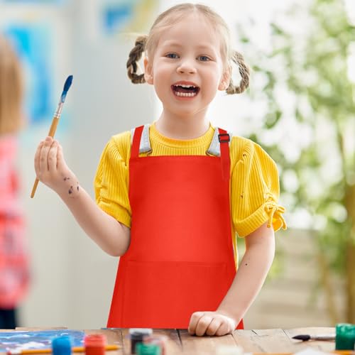 10 Pack Kids Apron Adjustable Children Apron with 2 Pockets Children Chef Painting Aprons for Cooking Baking Painting Crafts Making (Red) - color: Red