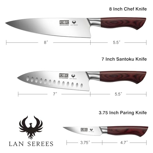 HOSHANHO 3PCS Kitchen Knife Set, Ultra Sharp Chef/Santoku/Paring Knives | Professional Japanese High Carbon Steel Cooking Knife Set with Ergonomic Wood Handle, Ideal Gift for Family and Restaurant - size: 3 Pieces Knife Set
