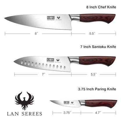HOSHANHO 3PCS Kitchen Knife Set, Ultra Sharp Chef/Santoku/Paring Knives | Professional Japanese High Carbon Steel Cooking Knife Set with Ergonomic Wood Handle, Ideal Gift for Family and Restaurant - size: 3 Pieces Knife Set