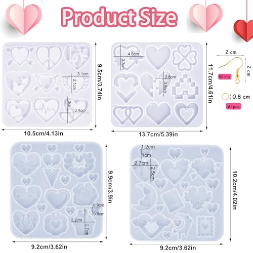 4 Pack Heart Resin Earring Molds Love Heart Flower Shape Earring Silicone Molds for Mother's Day Epoxy Casting UV Resin Molds with 200 Earring Hook kit for DIY Crafts Jewelry Making Keychains Pendant - color: Clear-heart shape