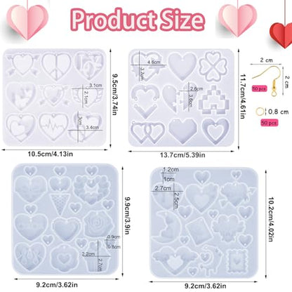 4 Pack Heart Resin Earring Molds Love Heart Flower Shape Earring Silicone Molds for Mother's Day Epoxy Casting UV Resin Molds with 200 Earring Hook kit for DIY Crafts Jewelry Making Keychains Pendant - color: Clear-heart shape
