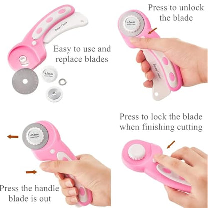 45mm Rotary Cutter with 5pcs Extra Blades, Ergonomic Handle Rolling Cutter with Safety Lock for Fabric, Leather, Crafting, Sewing, Quilting, Fabric Rotary Cutter Perfect for Left & Right Hand (Pink) - color: Pink