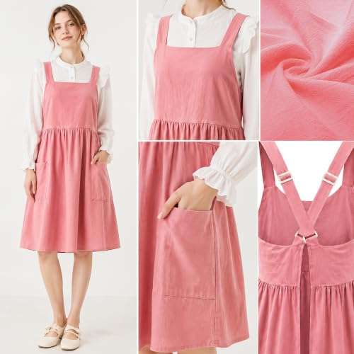 Uaussi Cotton Linen Apron Cross Back Work Apron for Women with Pockets Pinafore Dress X Cross Halter Apron for Chef Gardening - color: Pink