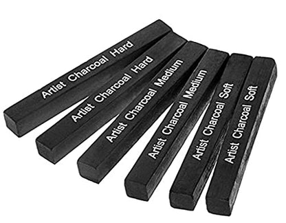 Artist Compressed Charcoal Stick Assorted Soft Medium Hard Artist Charcoal Medium for Drawing Sketching Shading, Art Supplies Sketch Kits Tools Pack of 6