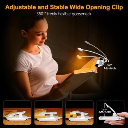 Gritin Rechargeable Book Light for Reading in Bed with 19 LED | Eye Caring 3 Color Temps, 5 Brightness Levels, Memory Function, 90 Hrs Runtime Flexible Goose Neck Clip on Light-White - color: White
