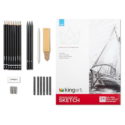 KINGART 22-Piece Professional Sketching Kit with 9x12 Drawing Pad – Includes 12 Graphite Pencils, 6 Soft Pastels, Blending Stump, Kneaded Eraser, and Sharpener – Versatile Artist Set for Shading