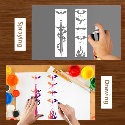 AFRITEE Flying Dragon Stencils for Painting, 16 Pcs Fantasy Reusable Book Edge Stenciling for Crafts Kit, Dragon Paint Stencils for Canvas Wall Home Floor Furniture Spray Painting Book Edge - style: Flying Dragon