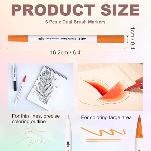 PATIKIL 6Pack Dual Brush Markers, Orange Watercolor Fine and Brush Tips Pens Colored Marker Calligraphy Coloring Art Supplies Set for Coloring Book Illustration Sketching Journaling - color: Orange