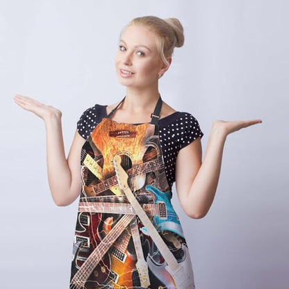 Funny Aprons for Adults Women Guitar Surrounded with the Lightnings Women Apron for Kitchen Cooking Restaurant BBQ Painting Crafting Gardening 27” (W) x 31” (H), Waterproof Apron - color: Guitar