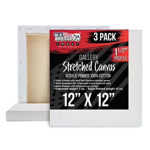 U.S. Art Supply 12"x12" Stretched Canvas for Painting, Gallery Depth 3-Pack - size: 12" x 12"