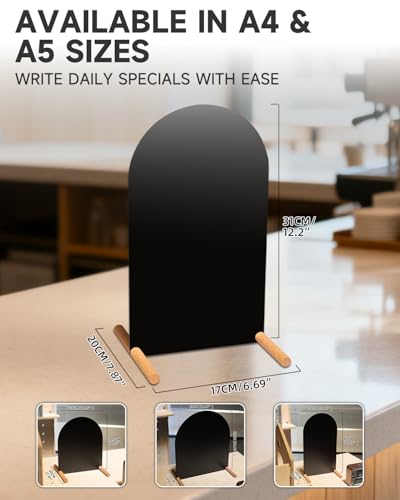 Metal Tabletop Menu Stand with Magnetic Holders and Chalk Writable Surface, Reusable Cafe Display Board with Wooden Base for Restaurant Bakery Retail Counter Menu, Daily Specials and Price Signs - size: A5 Vertical (12.2 × 6.7 in)