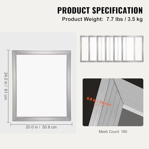 VEVOR Screen Printing Kit, 6 Pieces Aluminum Silk Screen Printing Frames, 20x24inch Silk Screen Printing Frame with 160 Count Mesh, High Tension Nylon Mesh and Sealing Tape for T-Shirts DIY Printing - size: 20x24inch-6
