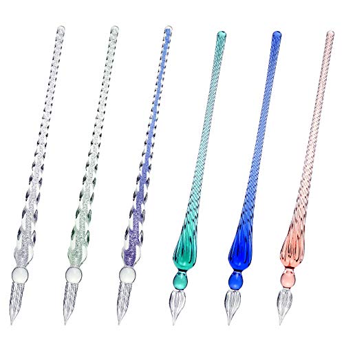 Zonon 6 Pieces Handmade Glass Dip Pen, Crystal Glass High Borosilicate Signature Dip Ink Pen for Writing Drawing Calligraphy Decorations Gifts (Silvery, Ink Blue, Ice Green, Green, Blue, Pink)