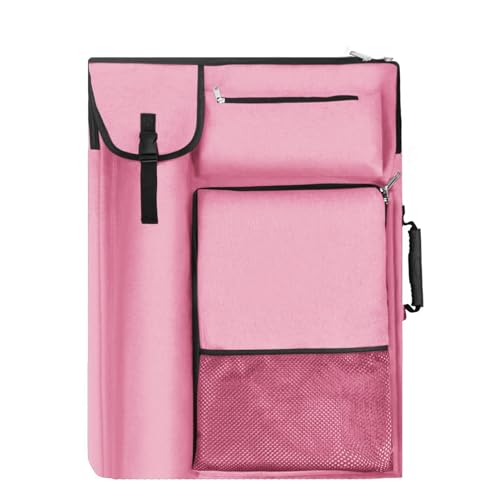 TreochtFUN Art Bags for Supplies Portfolio Case 19 X 25.5 in Large | for Storage A2 Canvas Board A3 Sketchbook - Carrying Artwork with Backpack & Tote-handle - color: Neon Pink